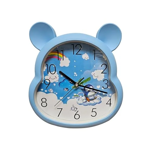 Battery powered kids wall clock with modern plastic design, 31cm high and 29cm wide for indoor use