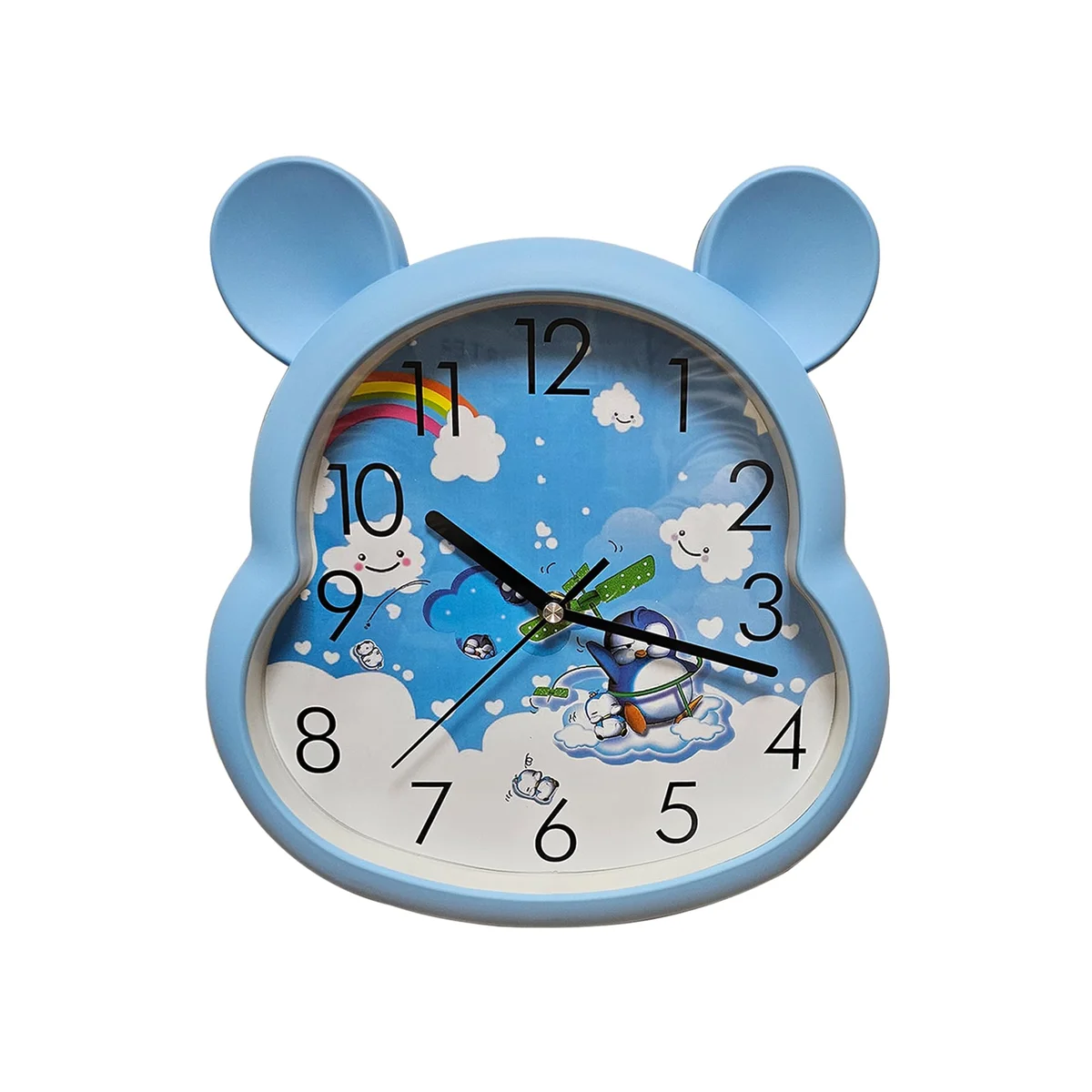 Modern battery powered kids wall clock with plastic frame, 31cm high and 29cm wide, suitable for indoor use