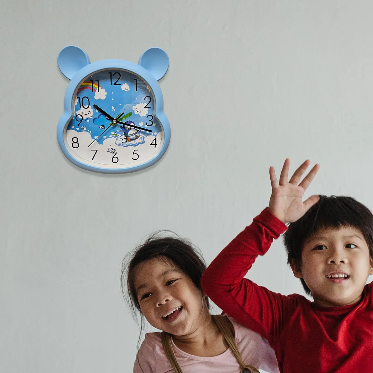 Modern kids clock with colorful numbers and plastic frame, battery powered, 31cm high by 29cm wide wall clock