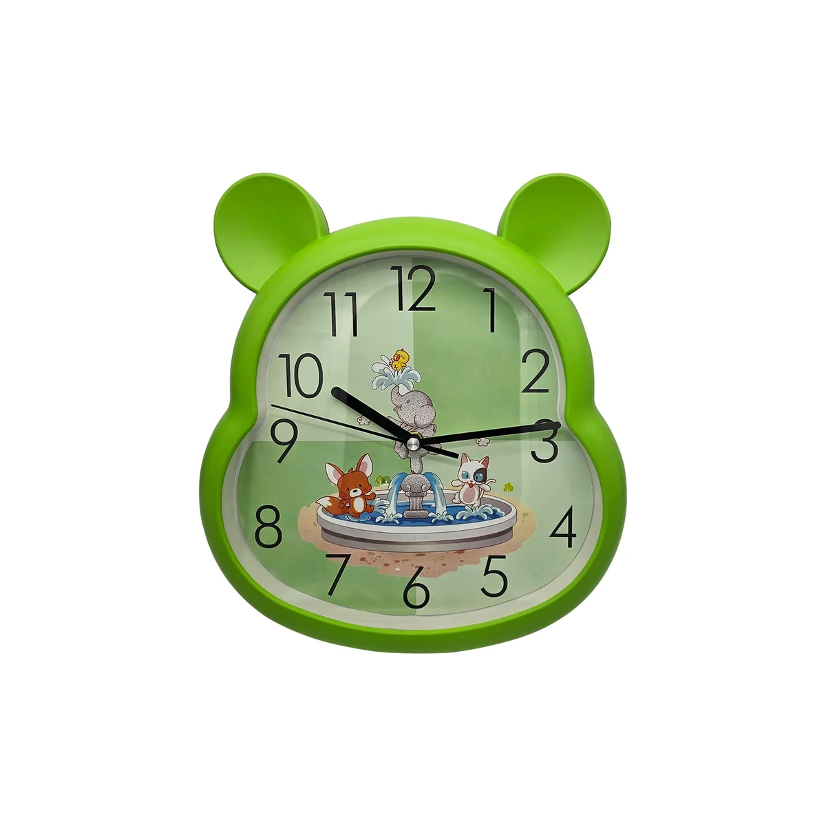 Modern battery powered indoor wall clock for kids with plastic frame, 31cm tall and 29cm wide, showing clear numbers