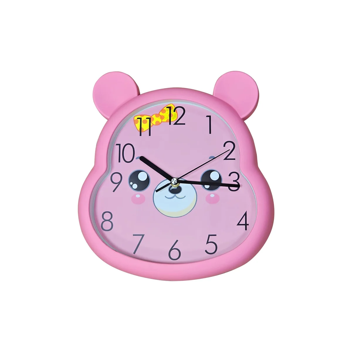 Battery powered kids wall clock with modern design, plastic frame, 31cm tall and 29cm wide, for indoor use