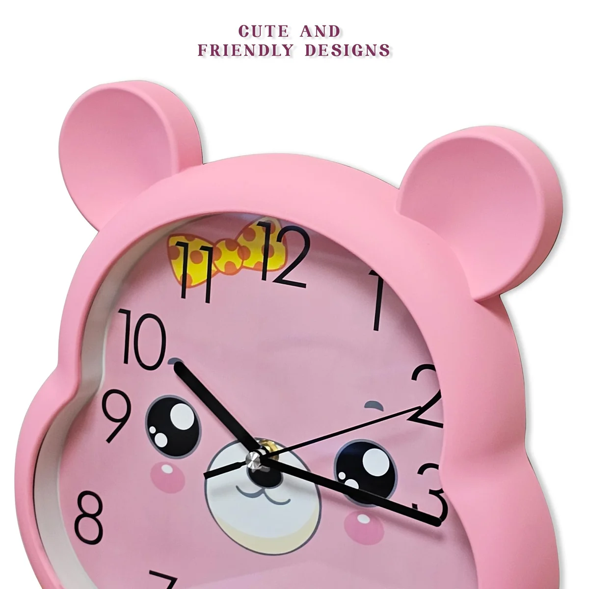 Battery powered kids wall clock with modern plastic design, 31cm height and 29cm width, indoor use