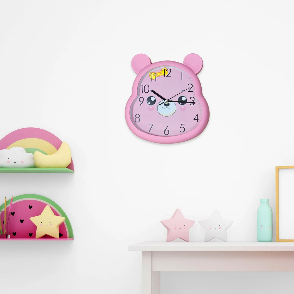 Modern battery powered kids wall clock with plastic frame, 31cm high and 29cm wide, indoor use