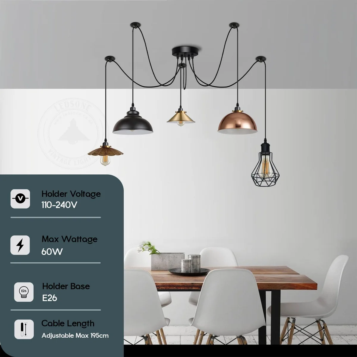 Vintage spider pendant light with five distinct metal shades in black and gold, ceiling-mounted with adjustable arms