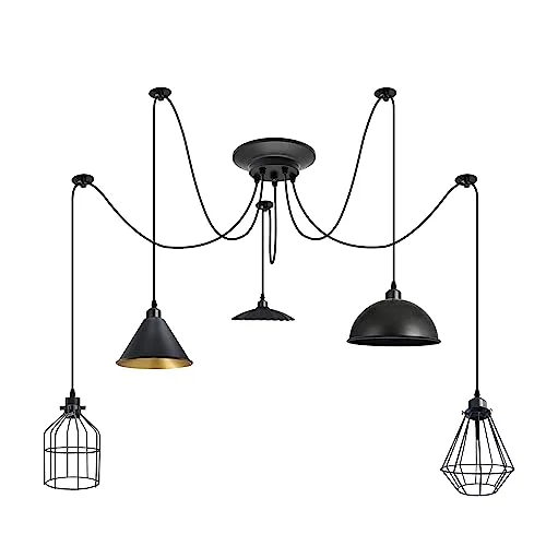 Five-arm industrial kitchen pendant light with black and gold metal shades and adjustable cables hanging from ceiling rose