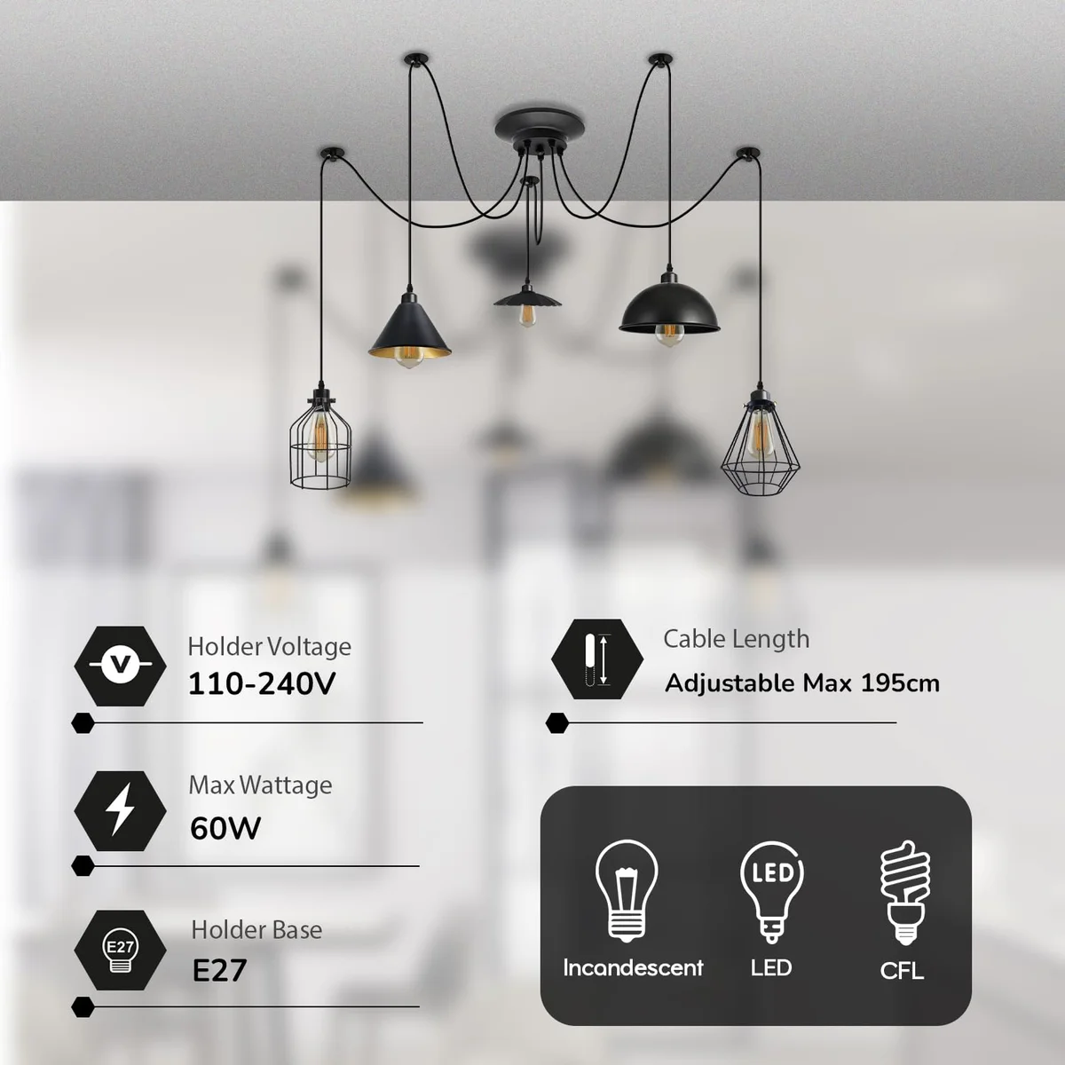 Five-arm vintage industrial dimmable ceiling pendant light with mixed metal shades and adjustable 2m cables hanging from ceiling rose