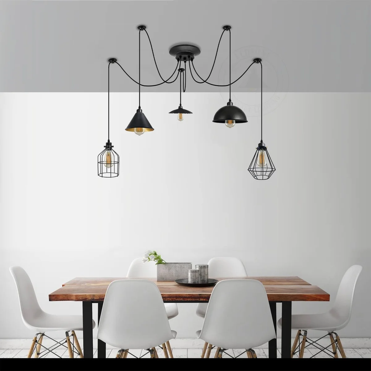 Vintage spider pendant light with five unique black and gold metal shades on adjustable 2m cables, ceiling mounted