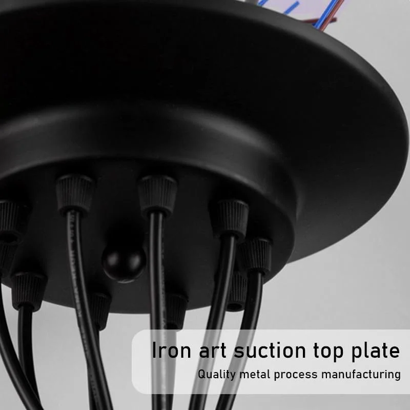 Vintage spider pendant light with five distinct black and gold metal shades hanging from a single ceiling rose