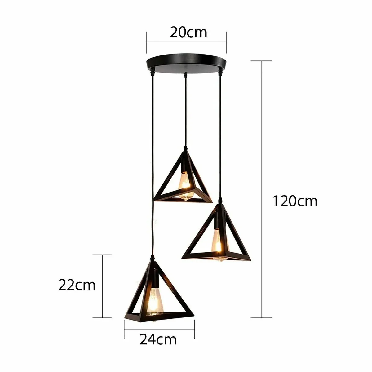 Black 3 head pendant light with metal barrel cage shades and adjustable hanging cords, suitable for indoor use and dimmable bulbs