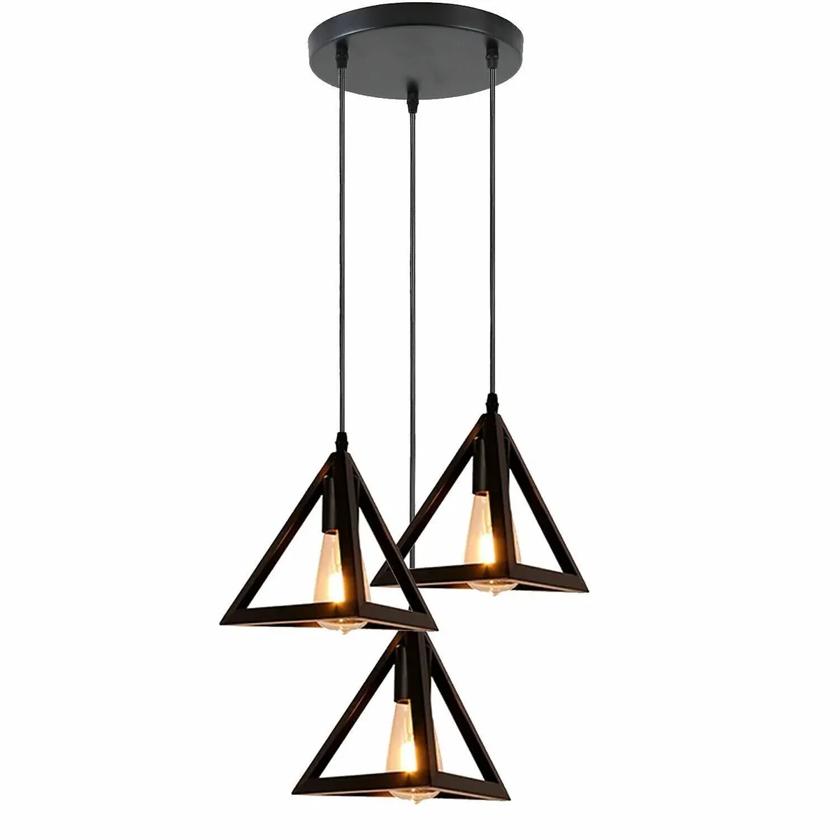 Black vintage retro pendant light with three metal barrel cage shades hanging from adjustable cords against white background
