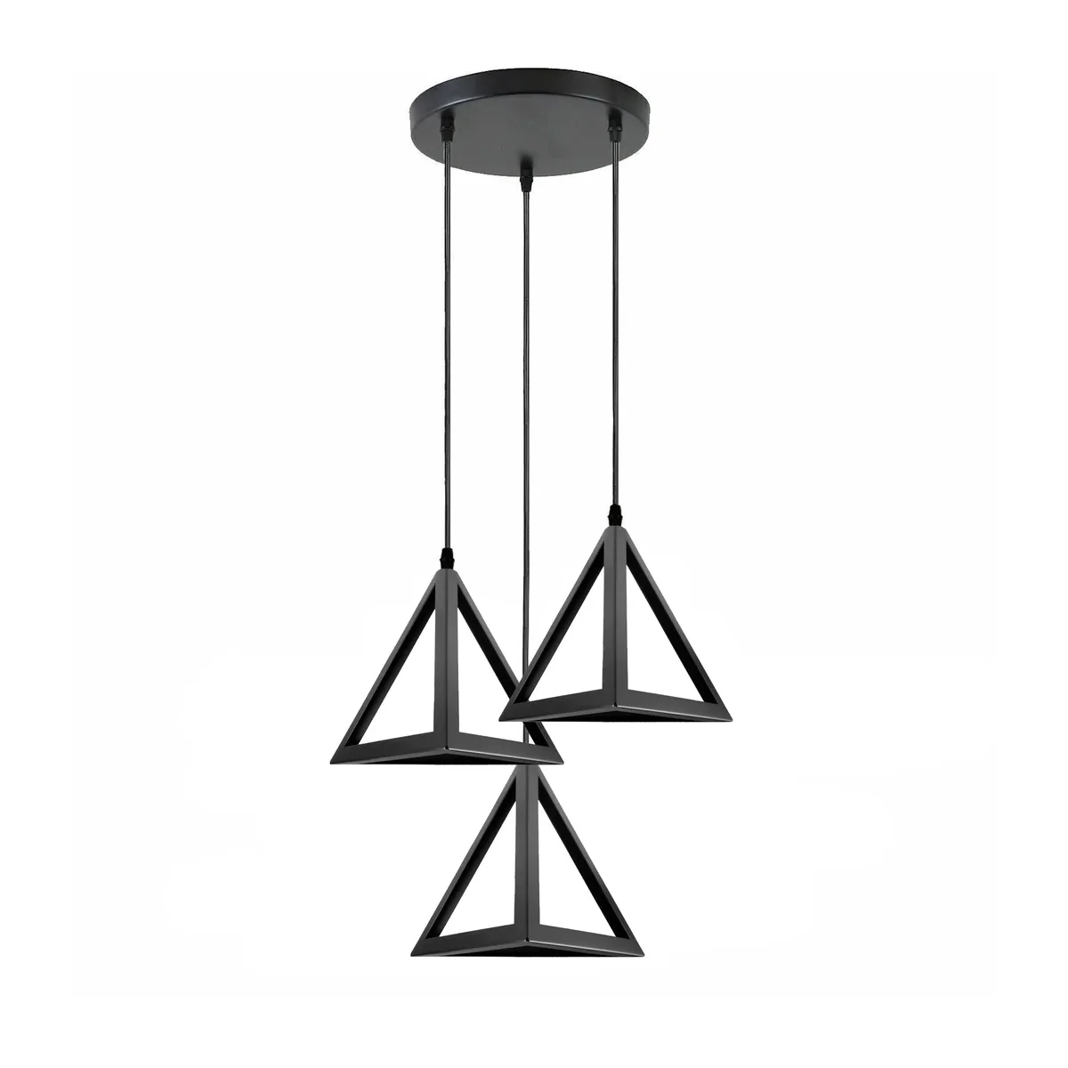 Three black metal barrel cage adjustable pendant lamps with 95cm cords hanging from ceiling rose, modern vintage style