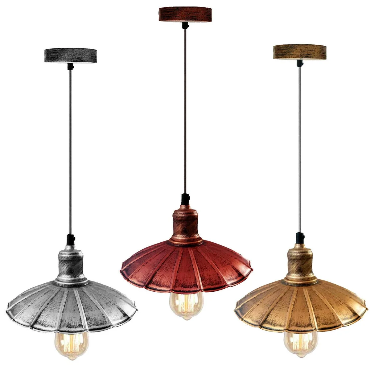 Retro vintage ceiling pendant light fitting with metal shade and matt finish, suitable for home or office lighting
