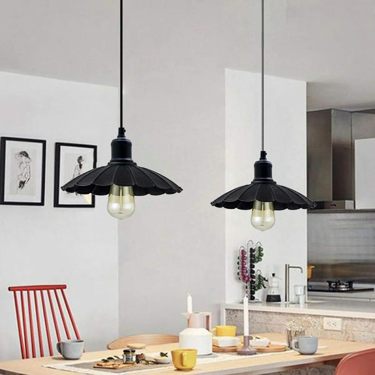 Retro vintage ceiling pendant light with metal shade, matt finish, and E27 bulb holder hanging from ceiling rose