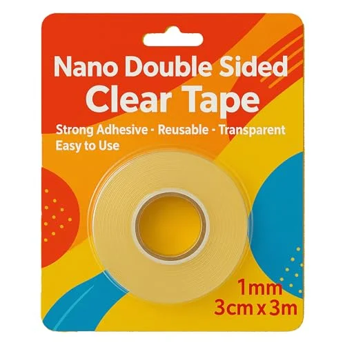 Roll of 30mm wide double sided nano tape, clear and transparent, 3 meters long for heavy duty use and reusable mounting
