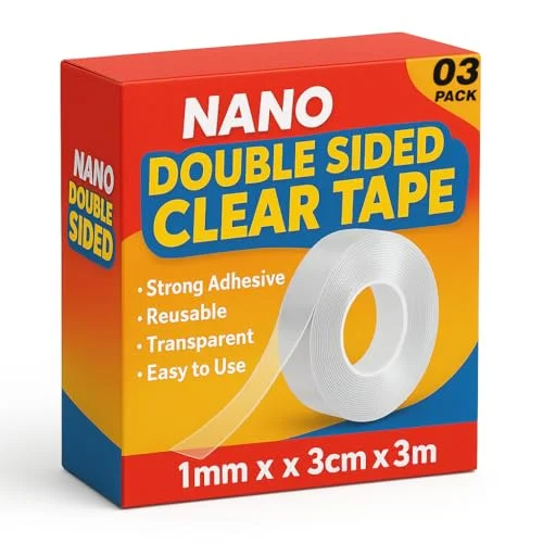 Roll of 30mm wide double sided nano tape showing clear, heavy duty, reusable adhesive strip on white background