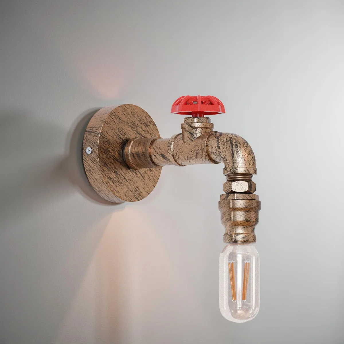 Vintage E27 wall lamp with industrial steampunk pipe design, black metal finish, mounted on a white wall background