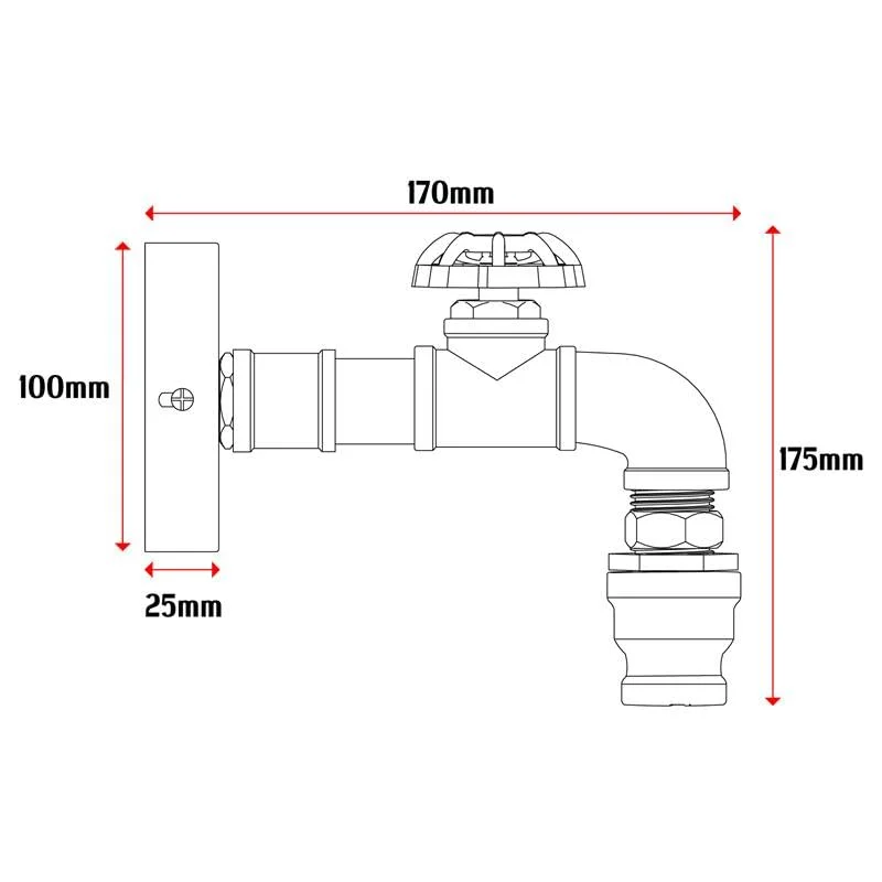 Steampunk wall light with vintage pipe design, black metal finish, mounted on wall with exposed E27 bulb fitting