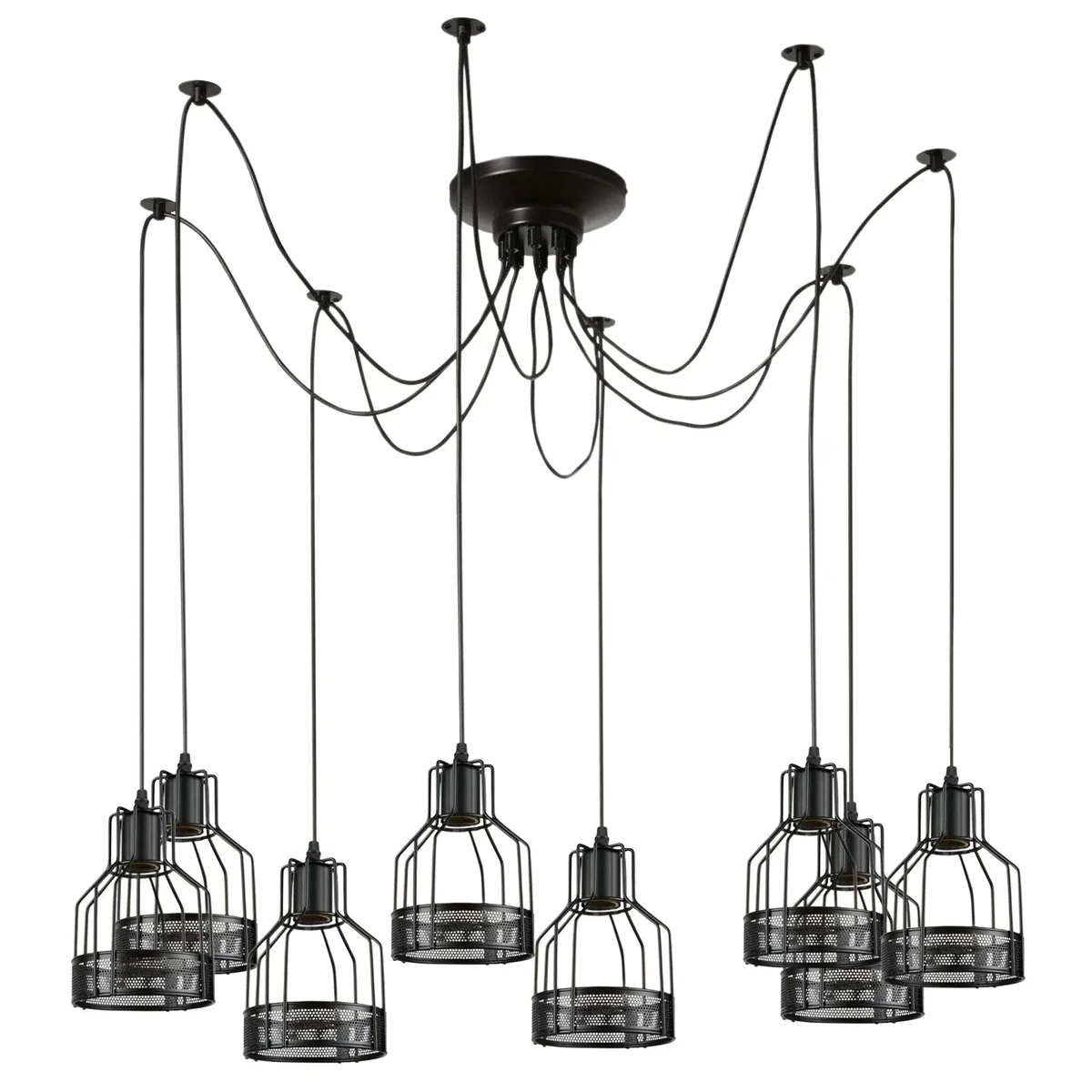 Black retro multi-arm birdcage vintage ceiling light with eight adjustable E27 bulb holders and metal cage design