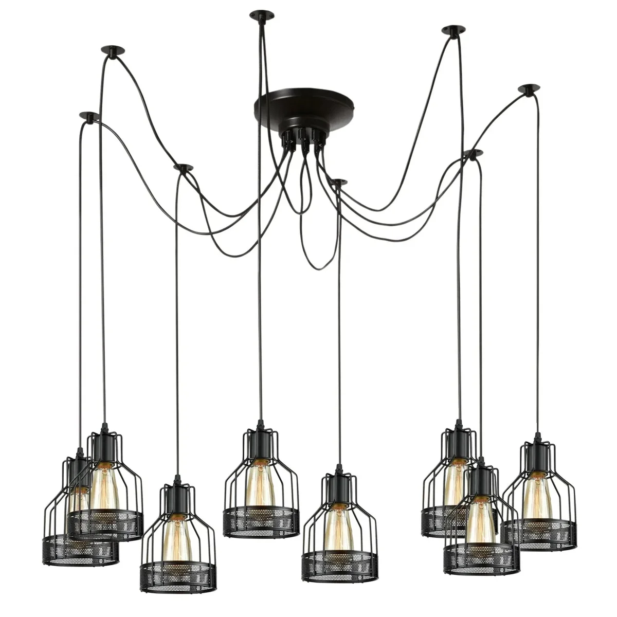 Black retro adjustable pendant lamp with multi-arm birdcage design, metal frame, and E27 bulb holders hanging from ceiling
