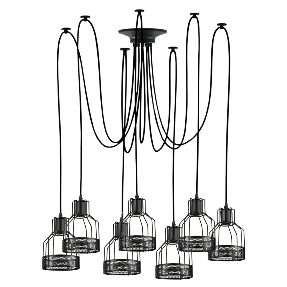 Black retro multi-arm birdcage pendant light with adjustable arms and E27 bulb pendant sockets in a vintage style