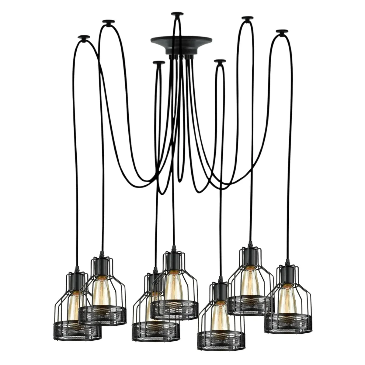 Retro black metal cage light with eight adjustable arms and E27 bulb holders hanging from ceiling rose