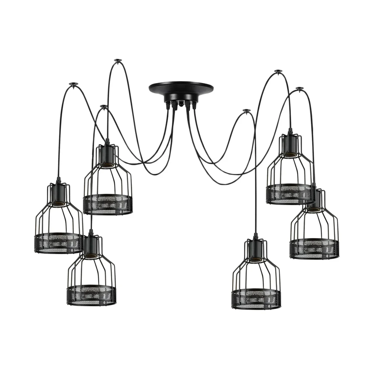 Black metal retro pendant light with eight adjustable birdcage arms and E27 bulb holders hanging from ceiling rose