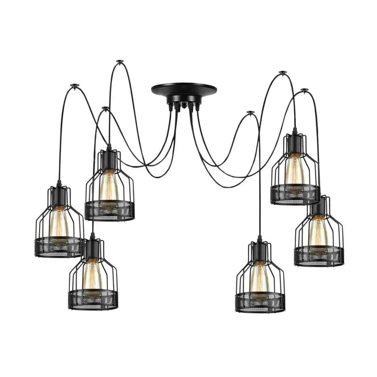 Black retro pendant light with multi-arm birdcage design, adjustable metal frame, and E27 bulb holders on 2m cables