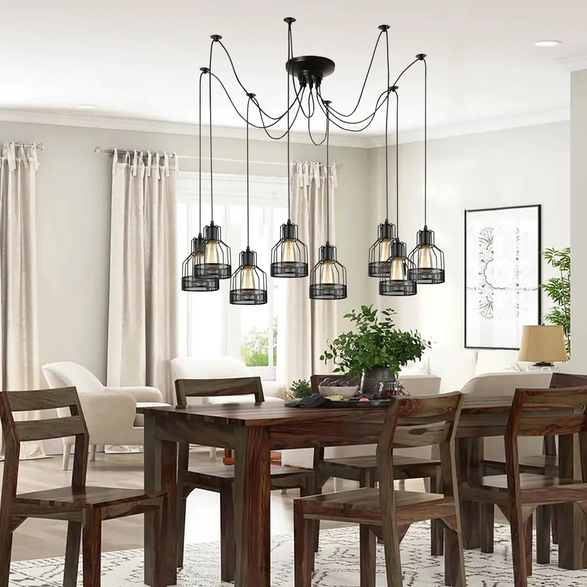 Black retro pendant light with multi-arm birdcage design and adjustable E27 bulb holders hanging from ceiling rose