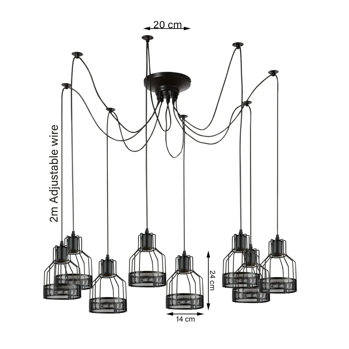 Black retro pendant light with eight adjustable metal birdcage arms and E27 bulb holders hanging from ceiling rose