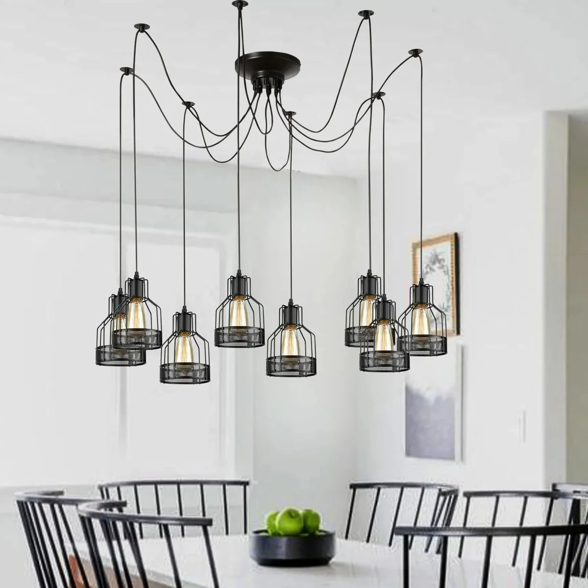 Black retro pendant light with eight adjustable birdcage arms, metal spider design, and E27 bulb holders hanging from ceiling rose