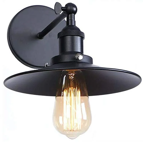 Black metal industrial wall lamp with flat shade and ceiling rose, designed for indoor wall mounting and E27 bulbs