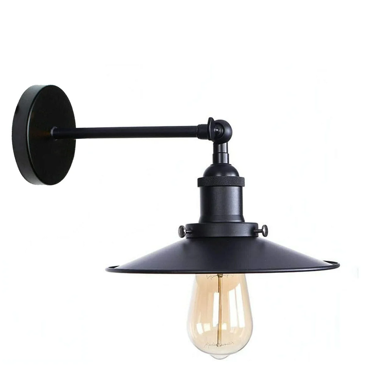 Black metal dimmable wall lamp with flat shade, 22 cm wide, mounted on wall with 10 cm ceiling rose, industrial style