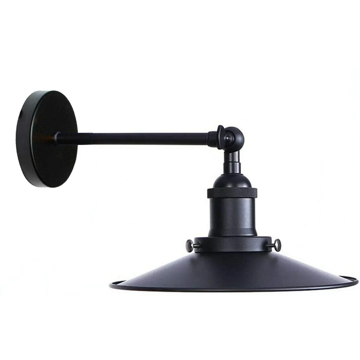 Black vintage metal wall sconce light with flat shade and round ceiling rose, suitable for indoor wall mounting.