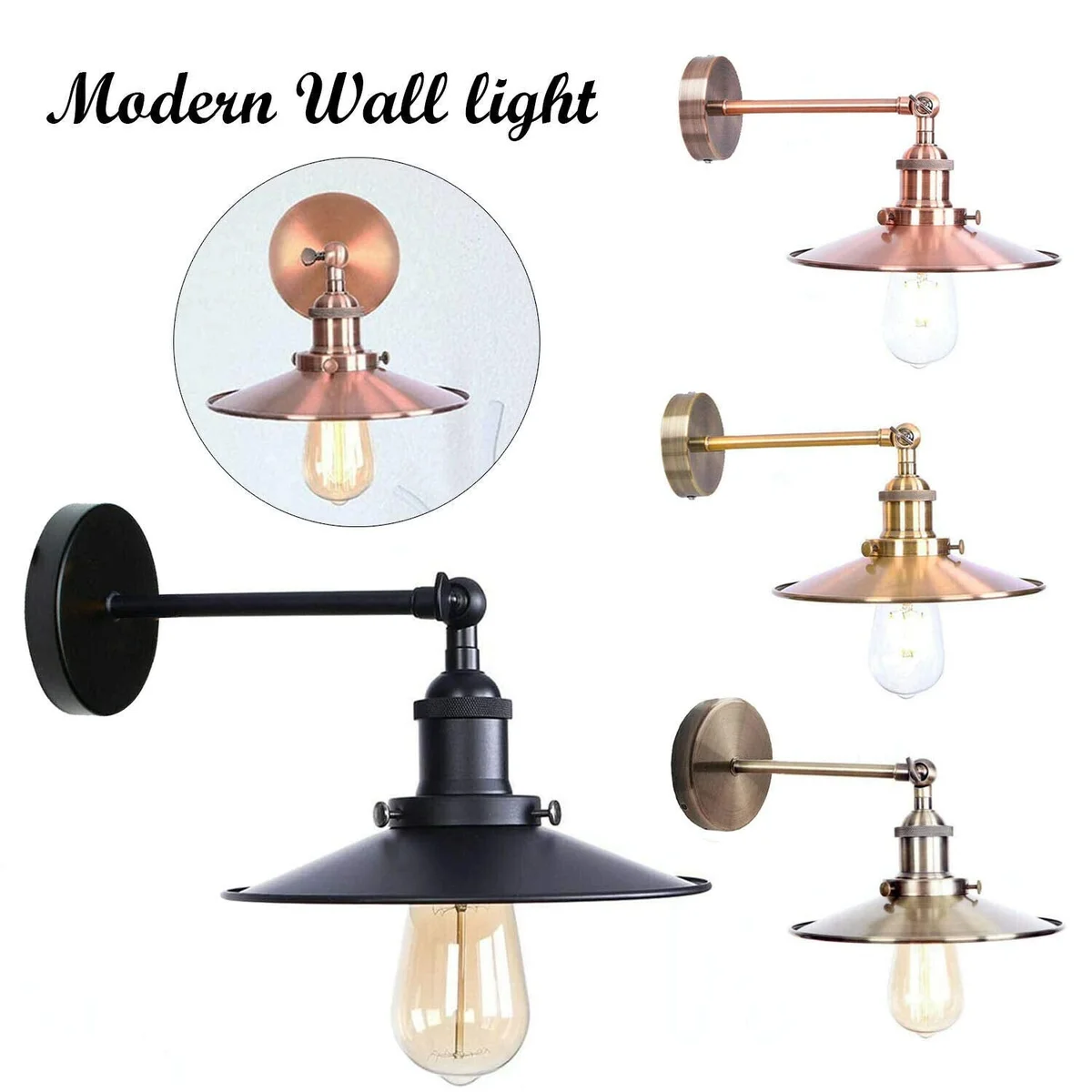 Black industrial metal wall sconce light with flat shade and ceiling rose, suitable for indoor wall mounting.