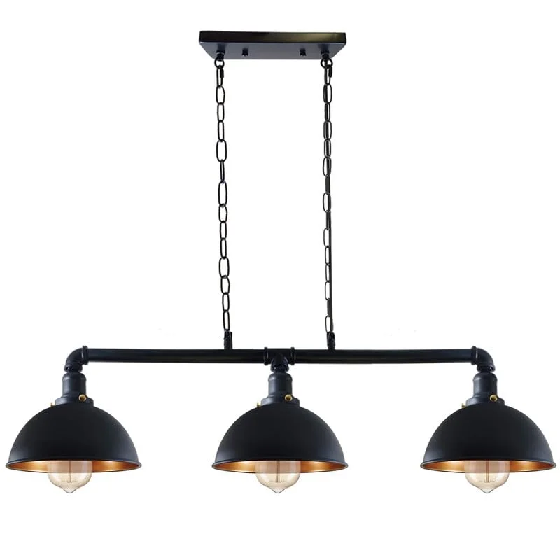 Industrial pipe pendant light with three E27 bulbs on adjustable chain suspension, metal steampunk design for kitchen island
