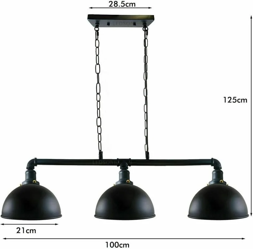 Industrial Steampunk 3 way E27 pendant light with metal pipe frame and adjustable chain suspension for kitchen island lighting