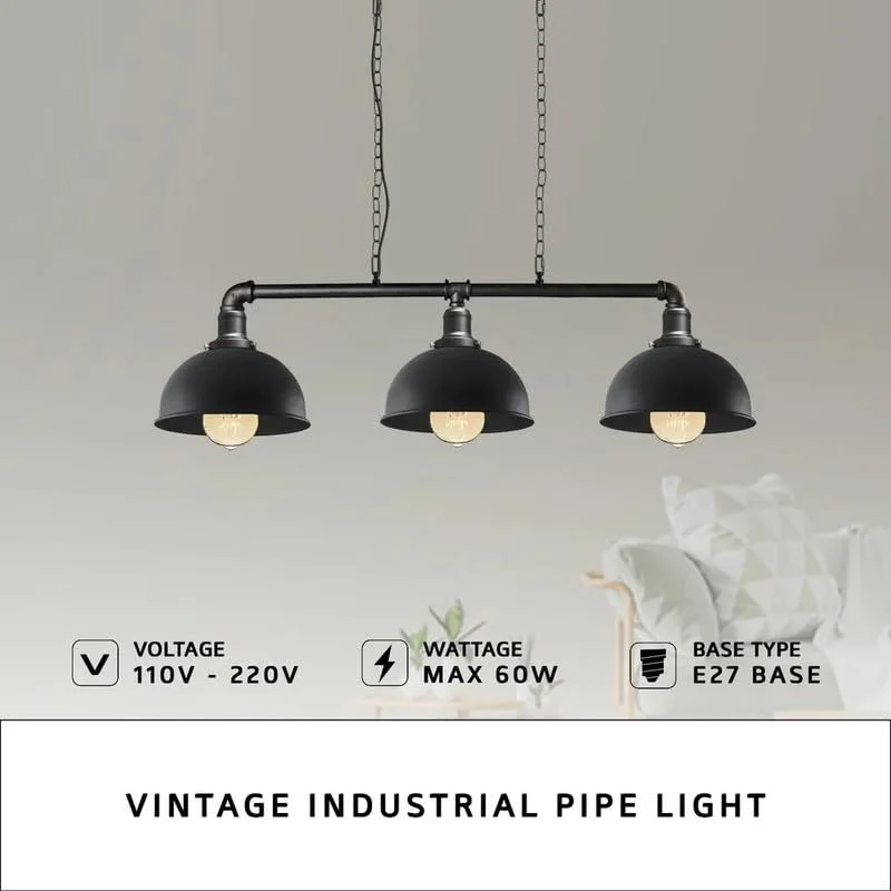 Industrial steampunk 3 way pipe pendant light with adjustable suspension light hanging over kitchen island, metal pipe design