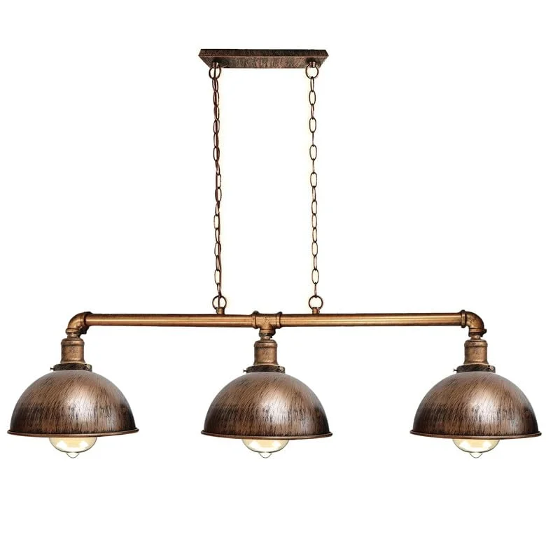 Industrial pipe pendant light with three E27 lamp holders and adjustable chain suspension in steampunk metal design