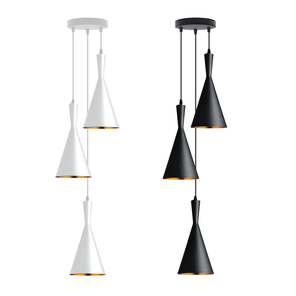 Industrial ceiling lamp with three metal pendant shades in modern industrial style, spray-painted finish with gold interior