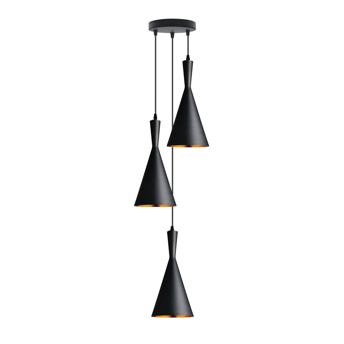 Industrial metal pendant light with three spray-painted shades and gold inner finish hanging from ceiling fixture