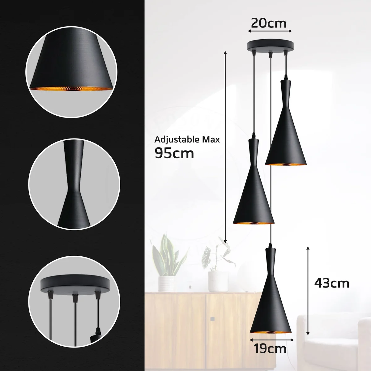 Modern industrial 3 head ceiling light with metal shades and gold inner finish, suitable for indoor use and dimmable bulbs