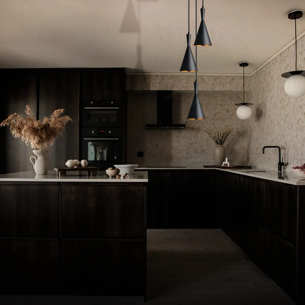 Industrial metal 3 head pendant dimmable ceiling light with spray-painted finish and inner gold shades hanging indoors