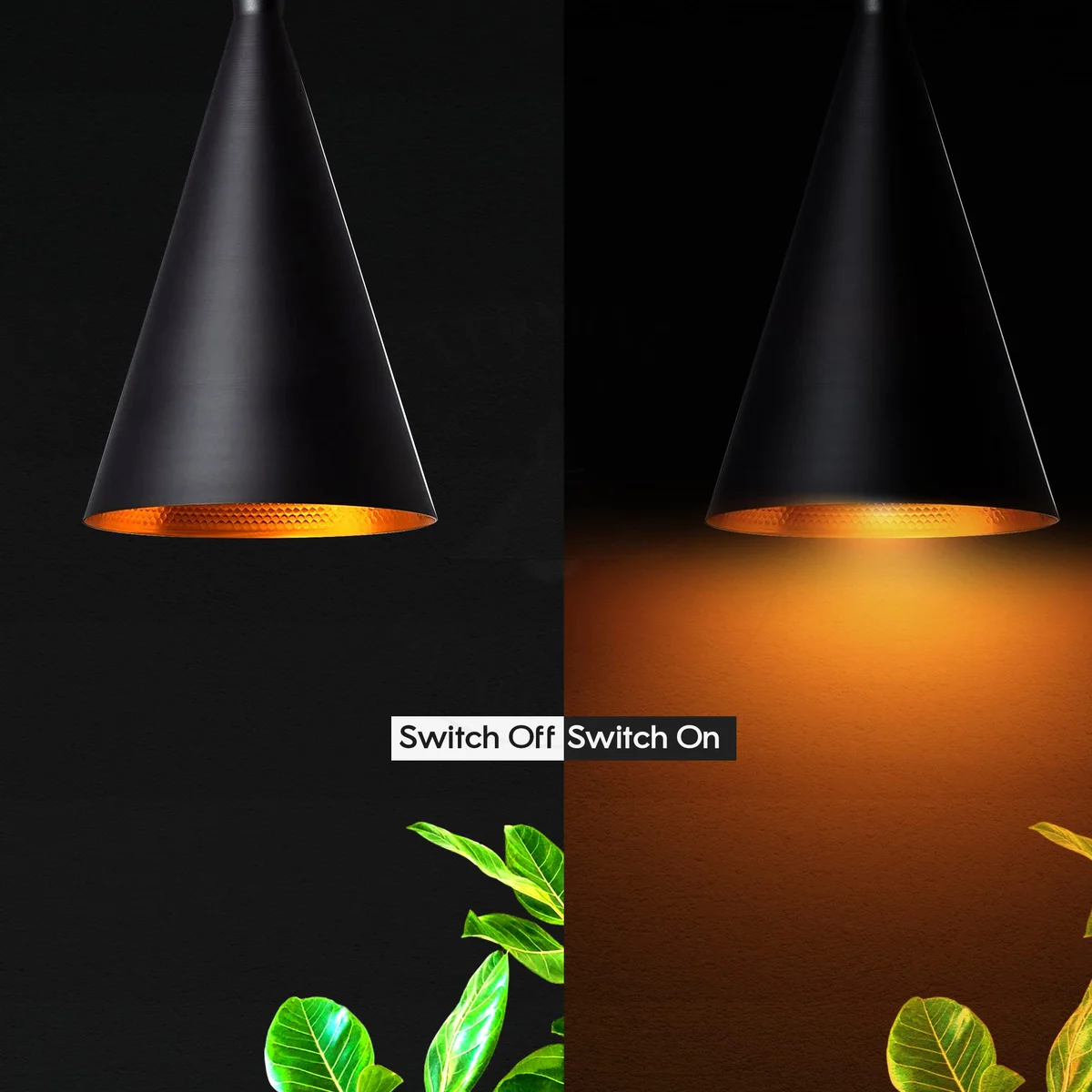 Three-head industrial ceiling lamp with metal shades and gold inner finish hanging from ceiling in modern room setting