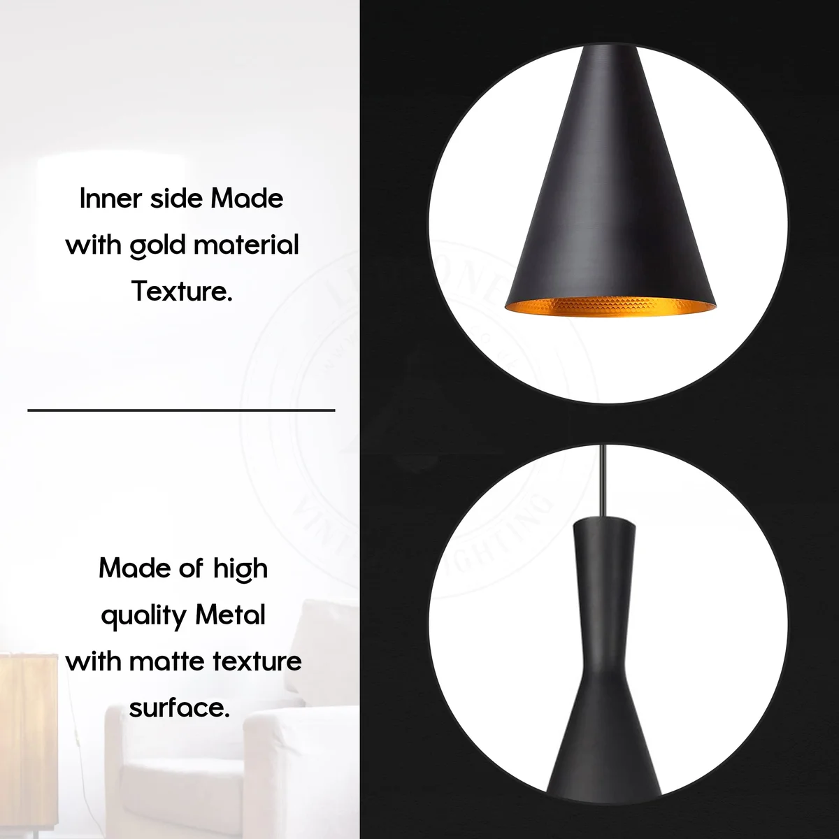 Three-headed industrial ceiling lamp with metal shades and gold inner finish, hanging indoors against a white background