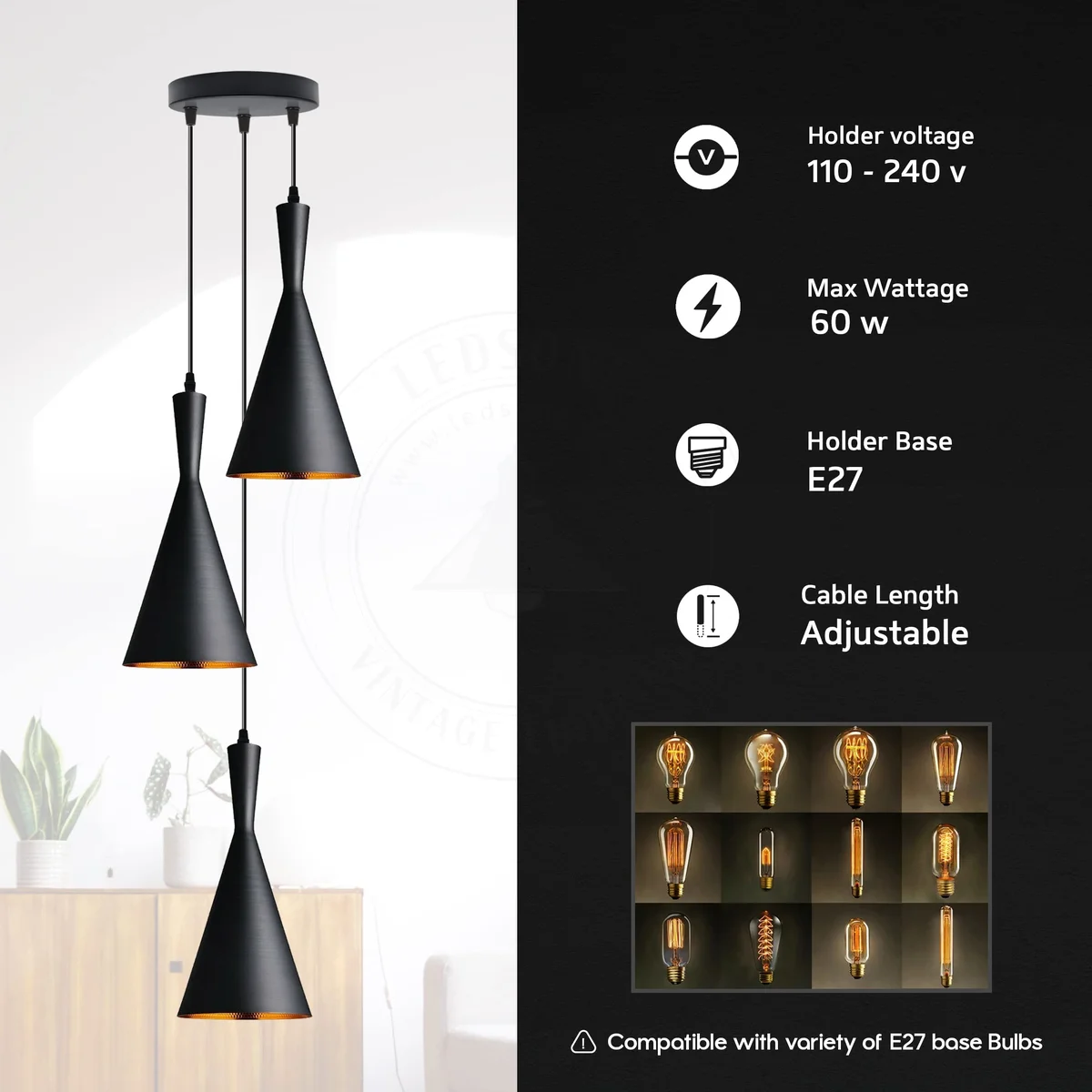 Three-head industrial ceiling lamp with metal shades and gold inner finish hanging from ceiling, modern pendant lighting fixture