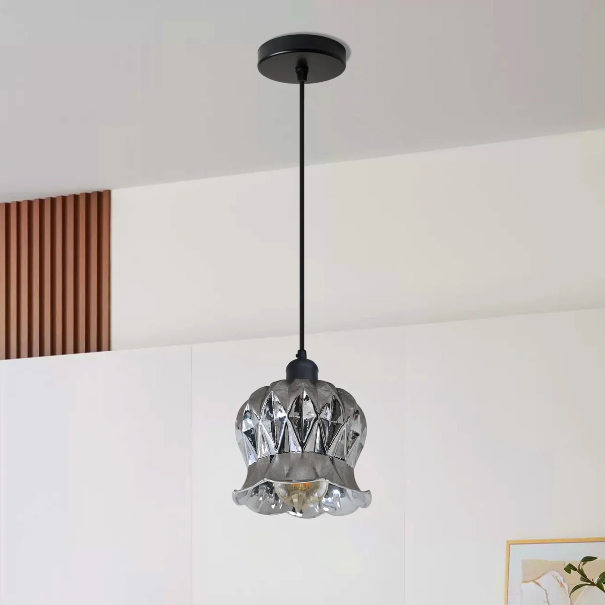 Modern industrial glass pendant light with flower-shaped shade, PVC cable, and metal ceiling rose for indoor use