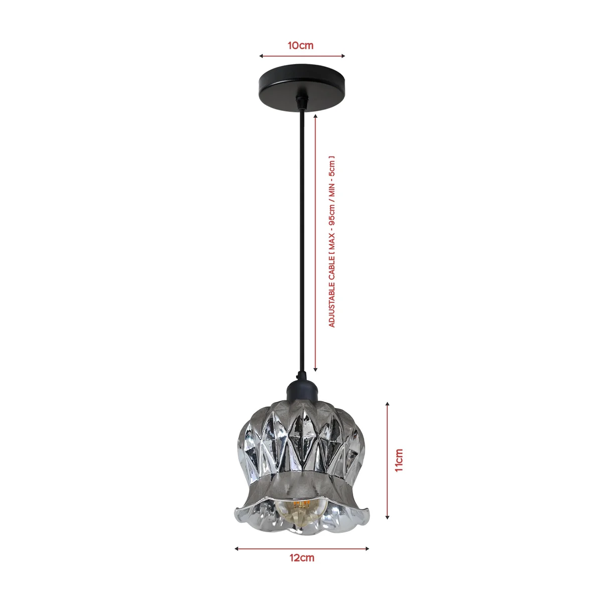 Modern pendant lighting with flower-shaped glass shade, flexible PVC cable, and metal ceiling rose for indoor use