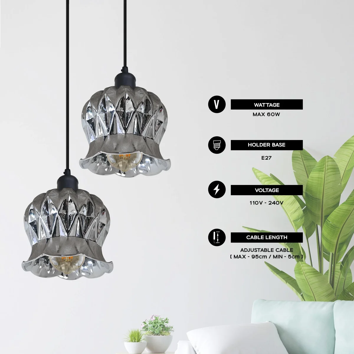 Modern industrial glass flower shade E27 bulb pendant with flexible PVC cable and metal holder hanging from ceiling rose