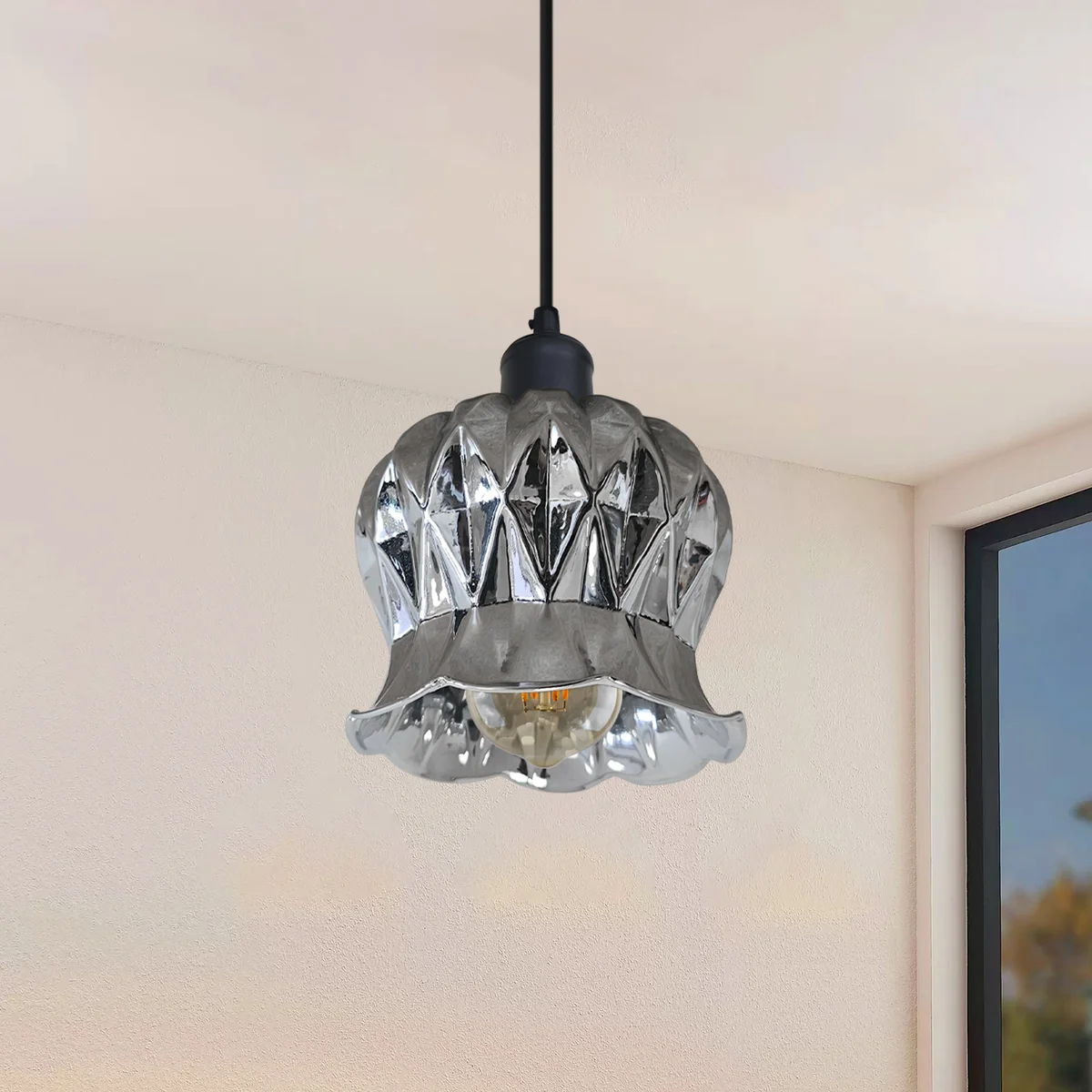 Modern glass shade pendant light with flower-shaped glass, flexible PVC cable, and metal holder, ceiling mounted downlight