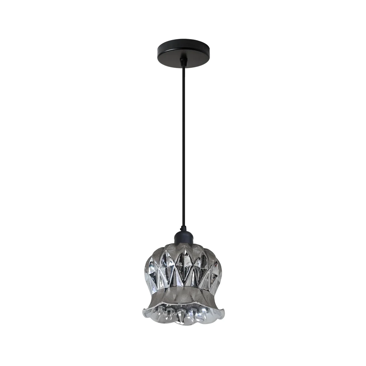 Modern industrial glass pendant light with flower-shaped glass shade and flexible PVC cable hanging from ceiling rose